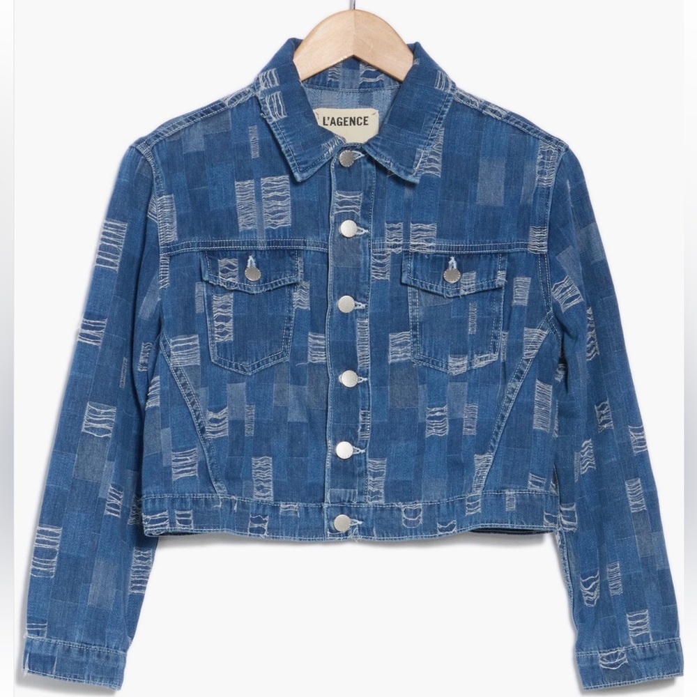 L’AGENCE Koda Cropped Denim Jacket Tuscon Patchwork S NWT - Picture 3 of 11